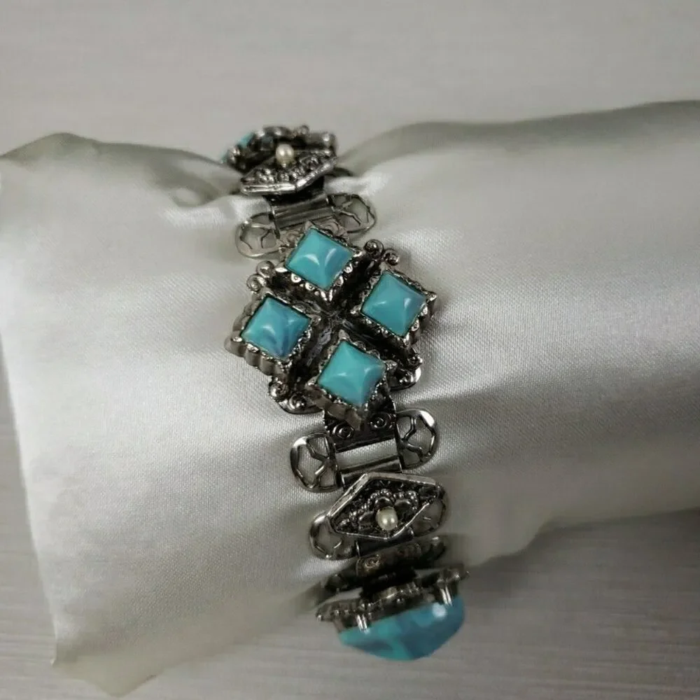 Victorian Book Panel Filigree Bracelet Faux Turquoise Cabochon Pearl Etruscan